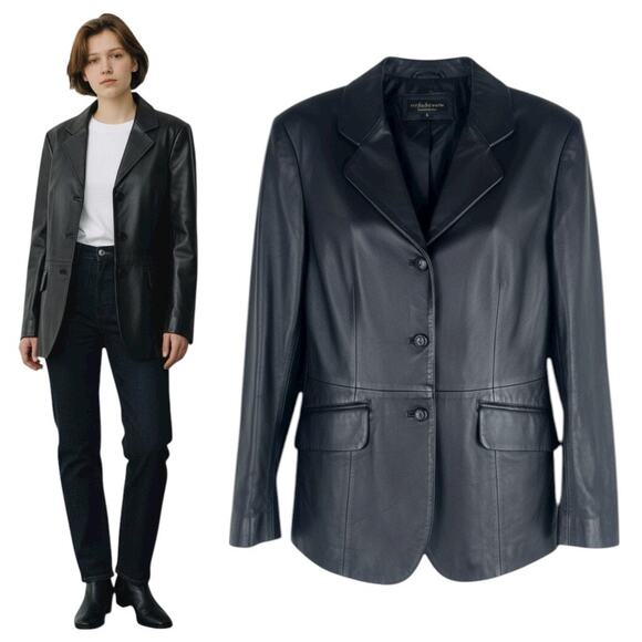 Croft & Barrow Black Lambskin Leather Blazer Jacket 3 Buttons Size M